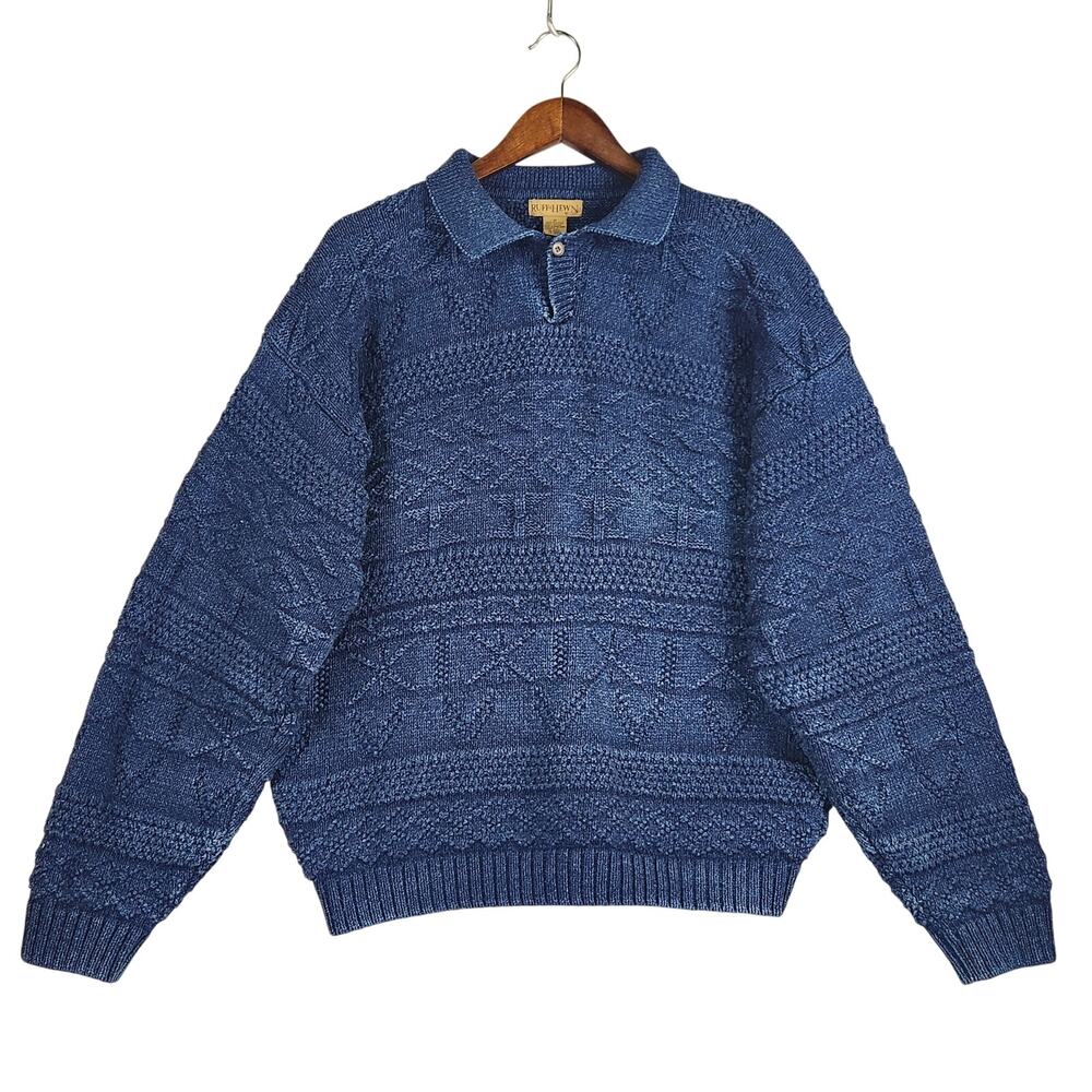 Ruff Hewn Textured Knit Henley Pullover Sweater Men M Navy Blue Cotton